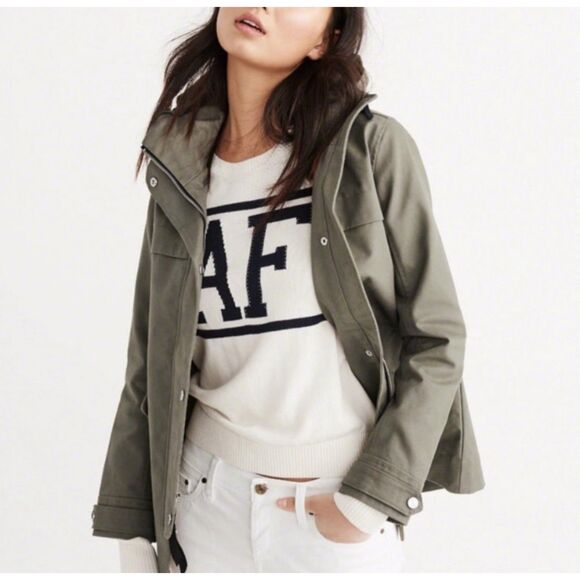 ABERCROMBIE & FITCH Green Waterproof Army Hooded Utility Rain Jacket Womens XS - Picture 1 of 11